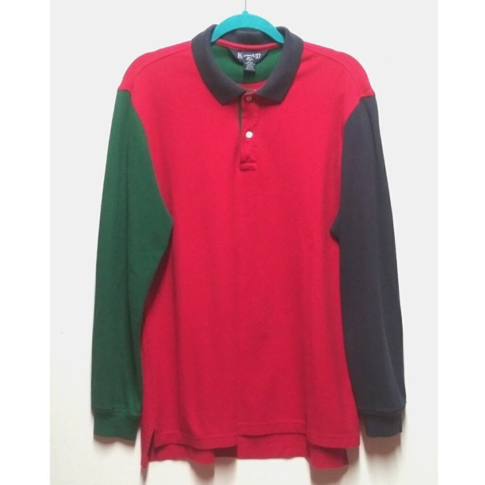 Vintage 90s Lands End Polo Shirt Colorblock RARE USA Multicolor Sz M LONG SLEEVE